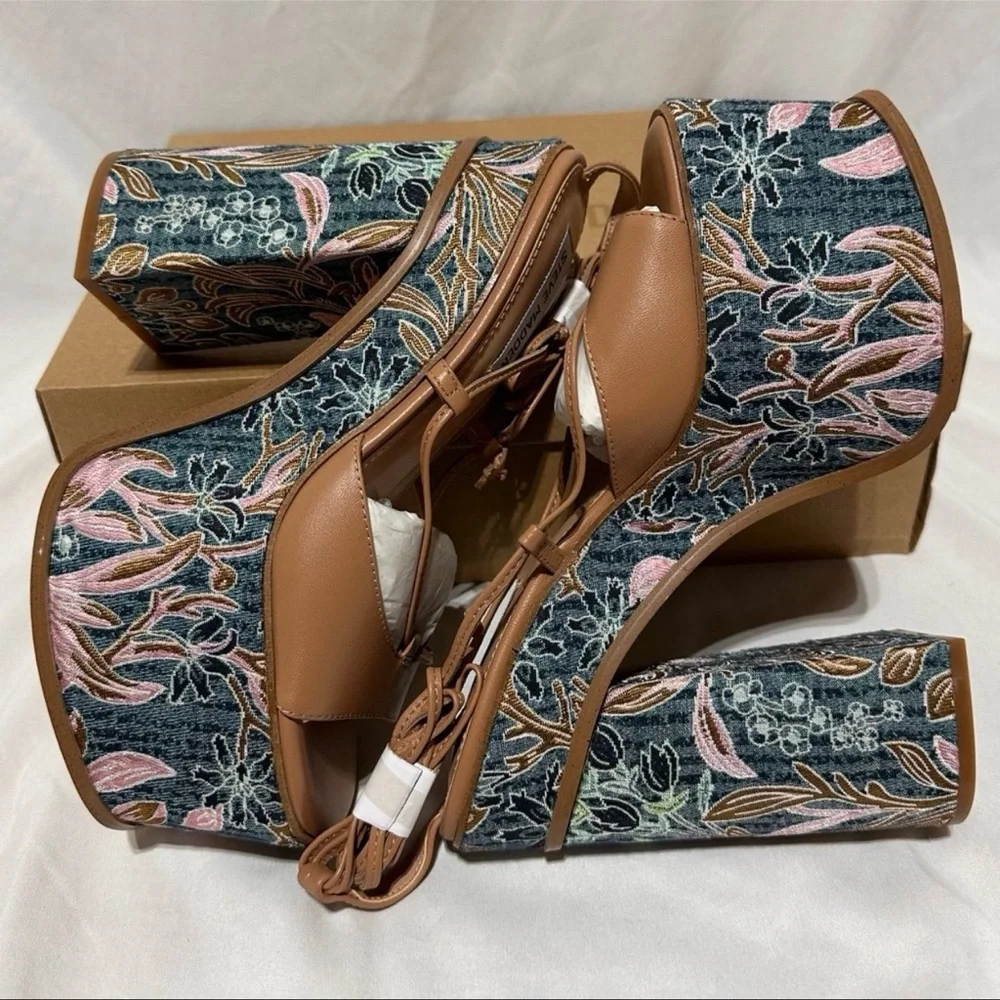Steve Madden Anika Tan Leather Chunky Embroidered Platform Lace Up Heels Summer - Picture 11 of 12